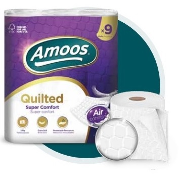 Tualetes papīrs AMOOS QUILTED, 3-slāņu, 9 ruļļi, 165 loksnes, 20m